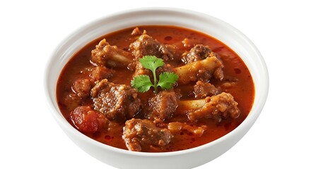Hearty and flavorful lamb curry served in a white bowl with fresh cilantro garnish on a white background
