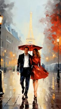 Romantic couple walking in Paris under umbrella
