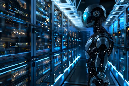 Advanced robot working in futuristic server room with glowing data racks