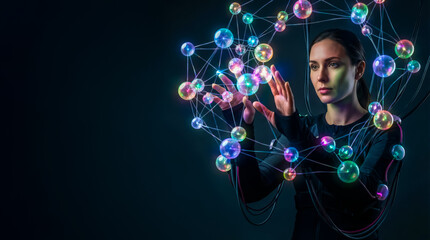 poster of a futuristic data processing process in a virtual space, glowing nodes surrounding a woman using innovation to connect and assemble a data puzzle, visual effects with cutting-edge trends