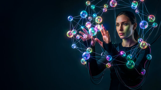 poster of a futuristic data processing process in a virtual space, glowing nodes surrounding a woman using innovation to connect and assemble a data puzzle, visual effects with cutting-edge trends