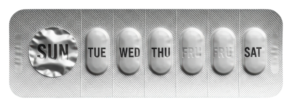 Weekly medication organizer home product top view isolated on transparent background