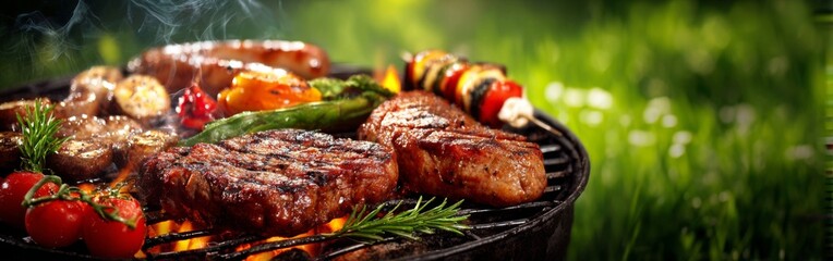 Juicy steaks, sausages, and colorful vegetables sizzle on a grill in a lush green backyard. Friends and family gather to enjoy a sunny summer afternoon with delicious food