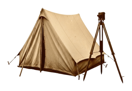 Tent setup location vintage equipment nature isolated on transparent background