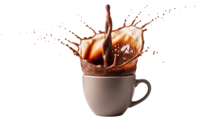Chocolate liquid splashing out of a white mug