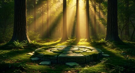 Sunlight streams through ancient forest onto a mystical mosscovered stone circle