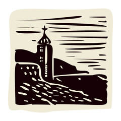 Pilgrimage scene of little monastery church on the pilgrims way route. Black and white simple hand drawn illustration for religious faith based icon.