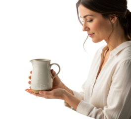 Elegant woman holding ceramic pitcher in bright isolated on transparent background