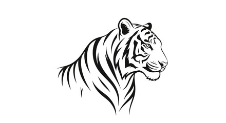 Majestic tiger head illustration, powerful predatory cat profile in elegant black and white line art, a symbol of strength and wild beauty for graphic design projects and impactful branding