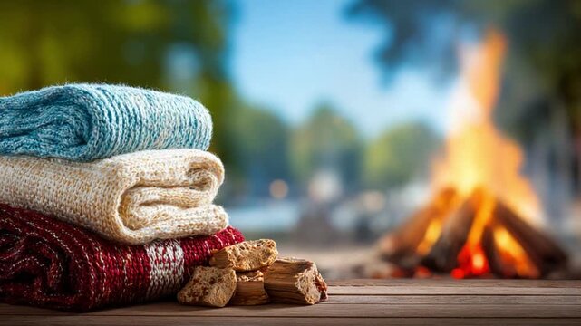 Warmth of Fireside Comfort: Cozy woolen blankets stacked near a crackling campfire, evoking feelings of relaxation and a sense of inviting warmth on a serene day. 