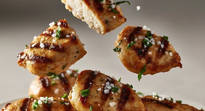 Delicious grilled chicken pieces with herbs and spices falling in slow motion creating a dynamic food presentation