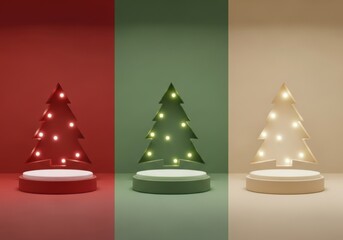 Fototapeta premium Three festive christmas trees with lights on pedestals isolated on white background