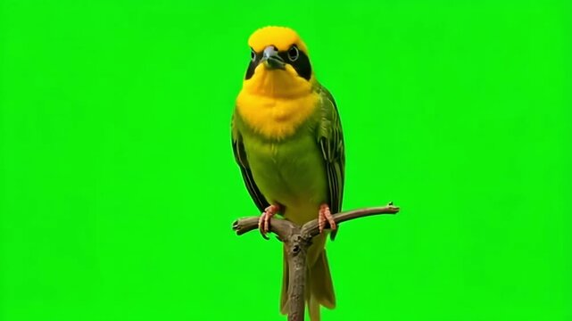 Vibrant yellow weaver bird perched on a branch against a vivid green screen backdrop, perfect for nature documentaries and wildlife presentations