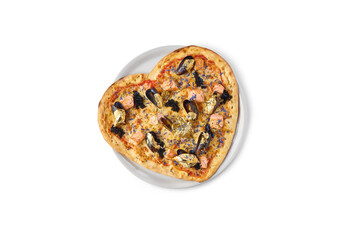 Gourmet heart shaped pizza featuring mussels, salmon, caviar, and edible gold flakes on white background