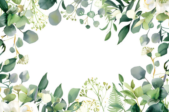 Elegant watercolor frame of green eucalyptus leaves and foliage. Botanical border with white flowers for a wedding invitation. Natural design with copy space