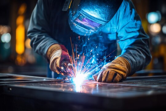 A skilled worker is performing welding in an industrial workshop during the evening. Bright sparks fly as metal is fused together, showcasing craftsmanship and precision in the process