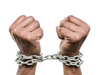 Male hands tied with chain isolated on transparent or white background, png