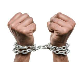 Male hands tied with chain isolated on transparent or white background, png