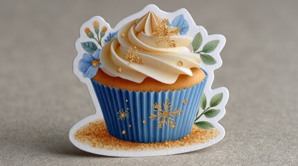 Hand painted cupcake sticker with festive winter decoration