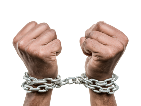 Male hands tied with chain isolated on transparent or white background, png