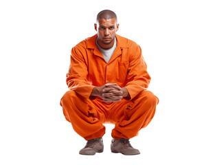 Prisoner in orange jumpsuit squatting isolated on transparent or white background, png