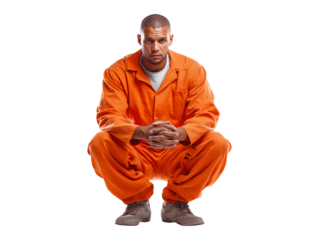 Prisoner in orange jumpsuit squatting isolated on transparent or white background, png