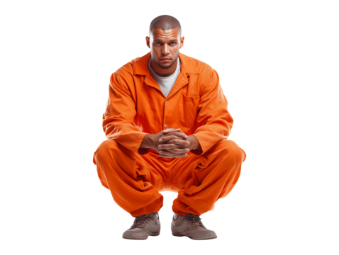 Prisoner in orange jumpsuit squatting isolated on transparent or white background, png