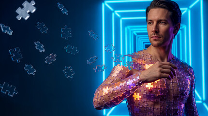 process of assembling data to shape a person, data puzzles form a unique understanding of human development and modern technology, a futuristic portrait of identity formation in the technological age