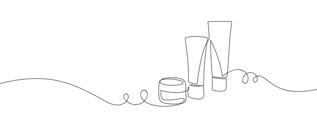 Cosmetic set, cream jars and cream tubes in one continuous line line design vector illustration Editable stroke.