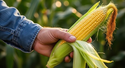 Hand holding fresh corn ear in agricultural field setting for Kwanzaa  
