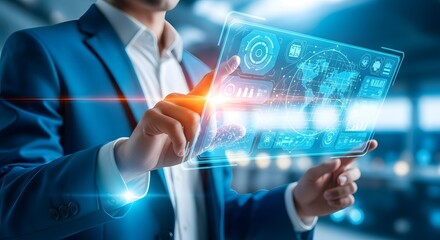 Illustration of businessman interacting with a futuristic digital interface, showcasing data visualization and advanced technology in a modern business setting