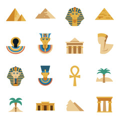 Ancient Egypt Flat Icon Set: Pyramids, Pharaohs, Nefertiti, and Ankh Symbols