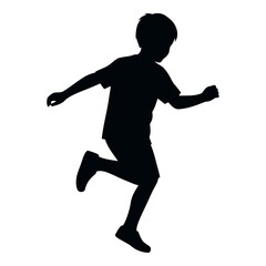Black silhouette of a young boy running and jumping against a white background child 1