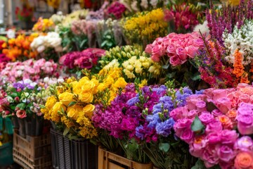At a lively flower market, various colorful blooms are arranged in baskets. Roses, lilies, and daisies create a stunning display under the warm sunlight, attracting visitors