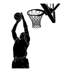 Black silhouette of basketball player dunking ball into hoop white background image 1