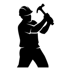 Black silhouette of construction worker with hammer on white background hardhat image