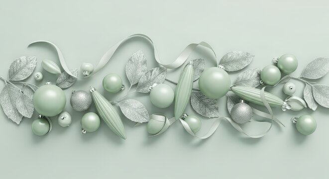 Elegant Christmas ornament arrangement for holiday cards and seasonal promotions, a soft sage green palette evokes calm and sophistication for your designs