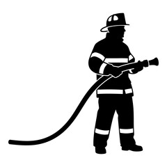 Black silhouette of firefighter holding water hose on white background vector image