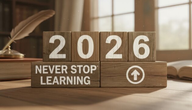 Never stop learning concept for 2026, wooden blocks on a desk