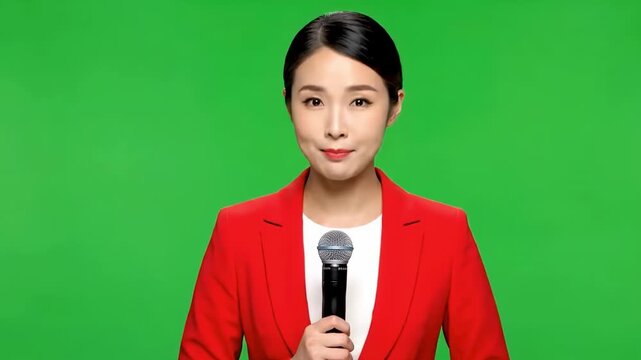 A professional Asian female news anchor with a microphone in front of a green screen, ready to deliver news