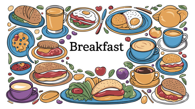 Colorful breakfast food illustration with coffee eggs sandwiches and croissants arranged around text on white background