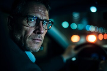 A middle-aged man sits in a car, focused on the road ahead. Nighttime city lights create a moody atmosphere, highlighting his serious expression and thoughtful demeanor