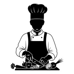 Black and white illustration of a chef cutting vegetables on a cutting board cooking kitchen