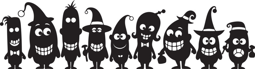 A group of eight diverse cartoon monster characters in silhouette with exaggerated features and hats on transparent background