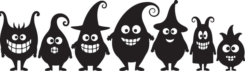 A collection of seven diverse black silhouette cartoon monsters with big smiles and expressive eyes Keywords: monster, monsters, cartoon, silhouette, black, white, cute, on transparent background