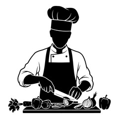 Silhouette chef in hat and apron chopping vegetables on cutting board cooking food