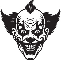 A scary clown face in black and white silhouette with wild hair and wide eyes horror portrait on transparent background