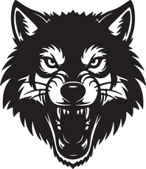 Black and white illustration of an aggressive wolf head with bared teeth and sharp ears Keywords: wolf, head, illustration, black and white, aggressive, snarling, teeth, on transparent background