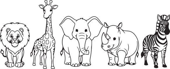 Naklejka premium Black and White Line Art of Five African Safari Animals Standing Together african animals lion on transparent background