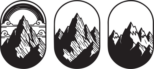 Black and White Mountain Landscape Icons with Sun and Clouds silhouette on transparent background